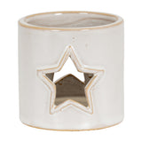 Hill Interiors white glazed ceramic tealight holder in a small cube shape with a pierced star cut-out on the front, shown on a plain white background.