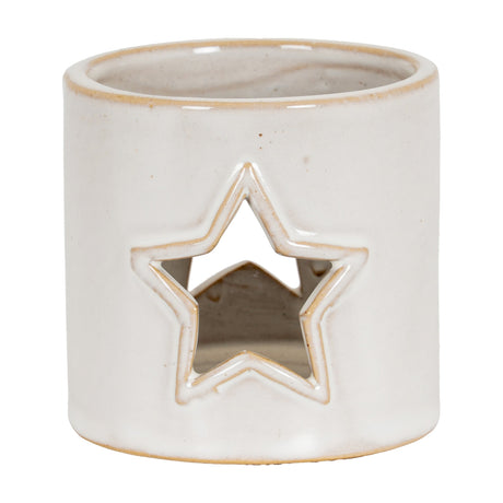 Hill Interiors white glazed ceramic tealight holder in a small cube shape with a pierced star cut-out on the front, shown on a plain white background.