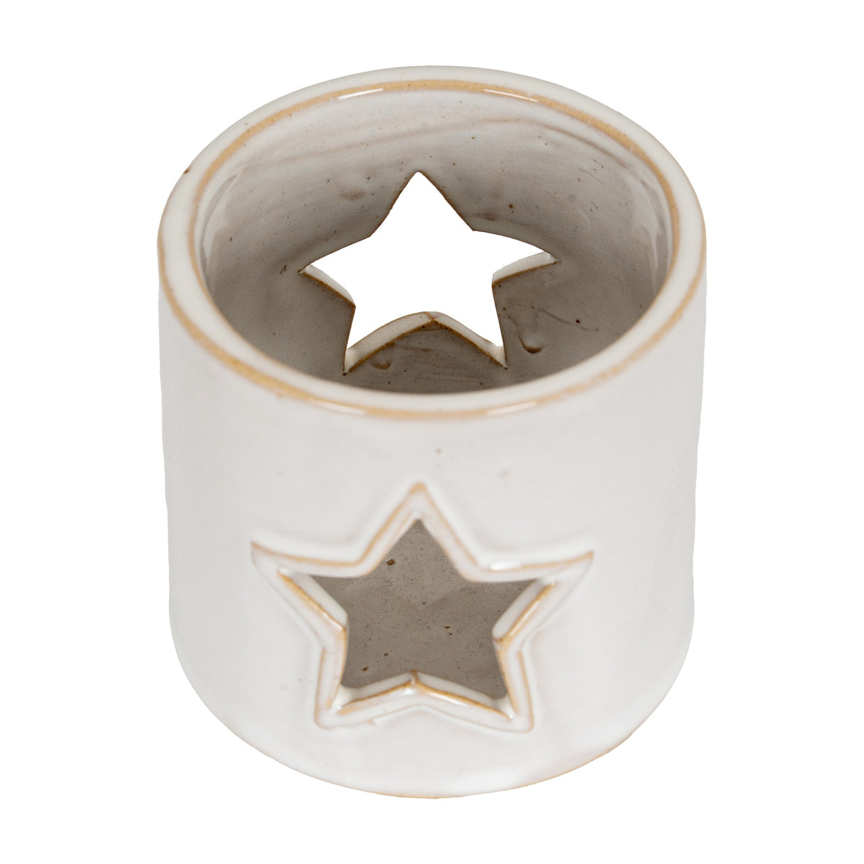 Hill Interiors White Ceramic Star Cut-Out Tealight Holder shown from above, compact cube with glazed white finish and star piercings, on a plain background.