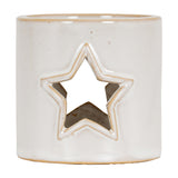 Hill Interiors white ceramic tealight holder in a small cube shape with a glazed finish and pierced star cut-out on the front, on a plain background.
