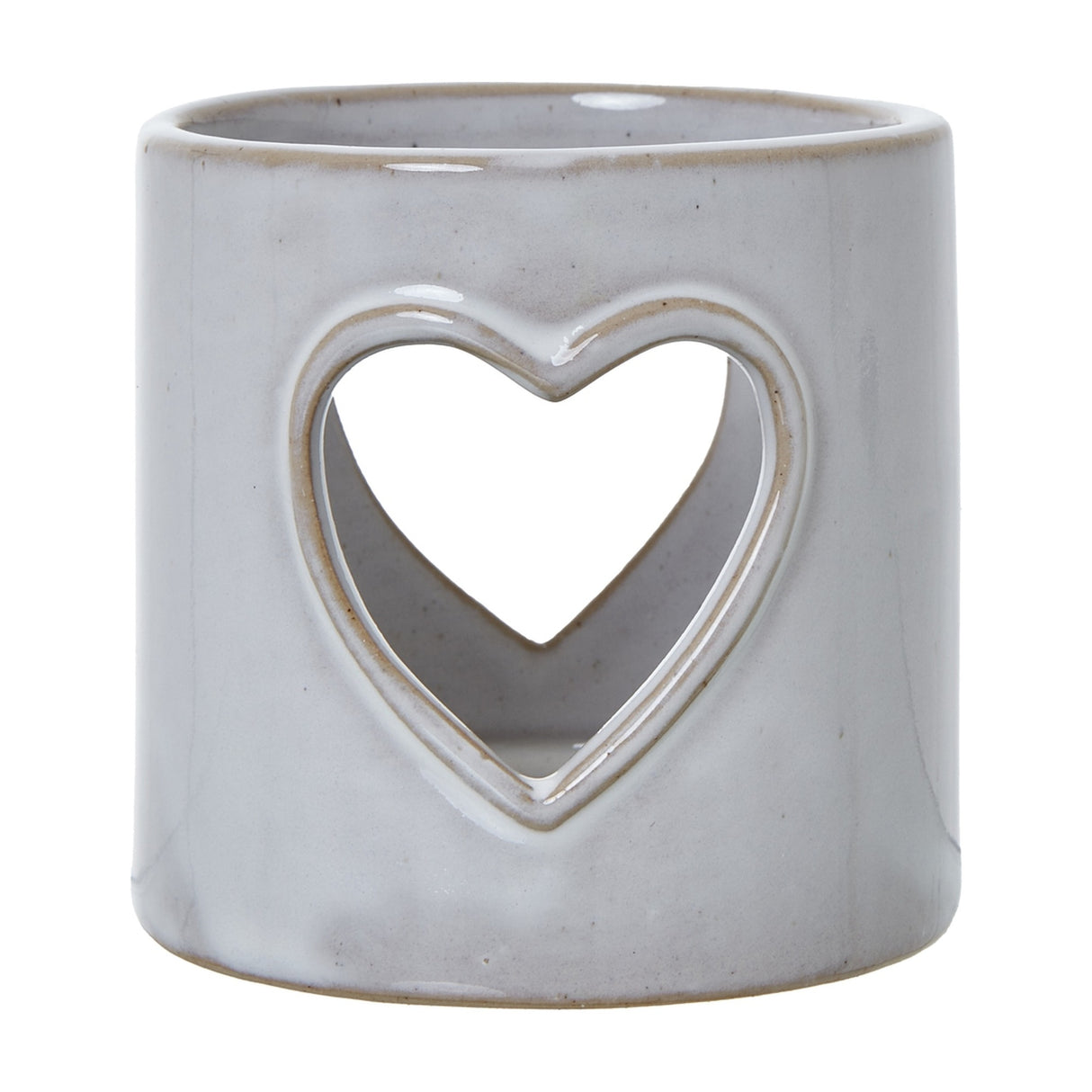Hill Interiors white glazed ceramic tealight holder with a pierced heart cut-out on a cylindrical body, shown against a plain white background.