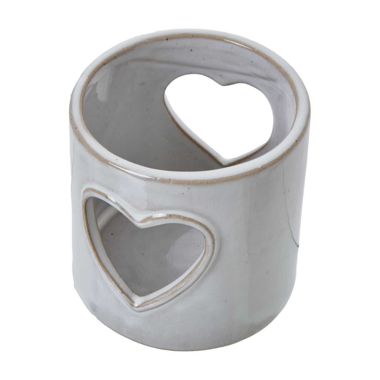 Hill Interiors white glazed ceramic tealight holder with pierced heart cut-out design, compact cylindrical form, shown on a plain white background.
