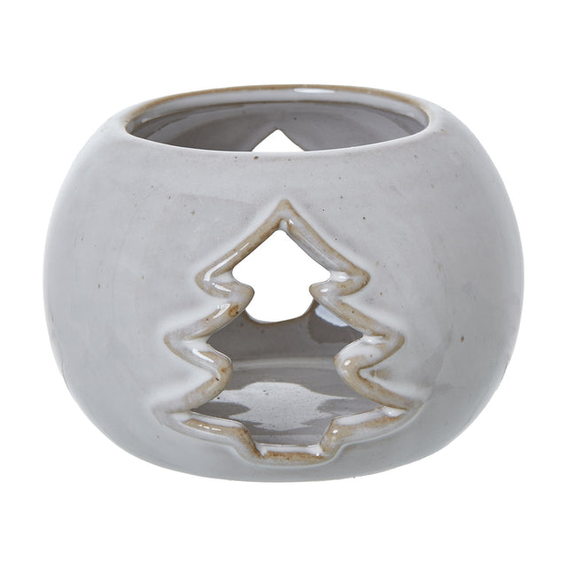 Hill Interiors White Ceramic Tree Cut-Out Round Tealight Holder with glazed finish and pierced tree design, shown on a plain white background.