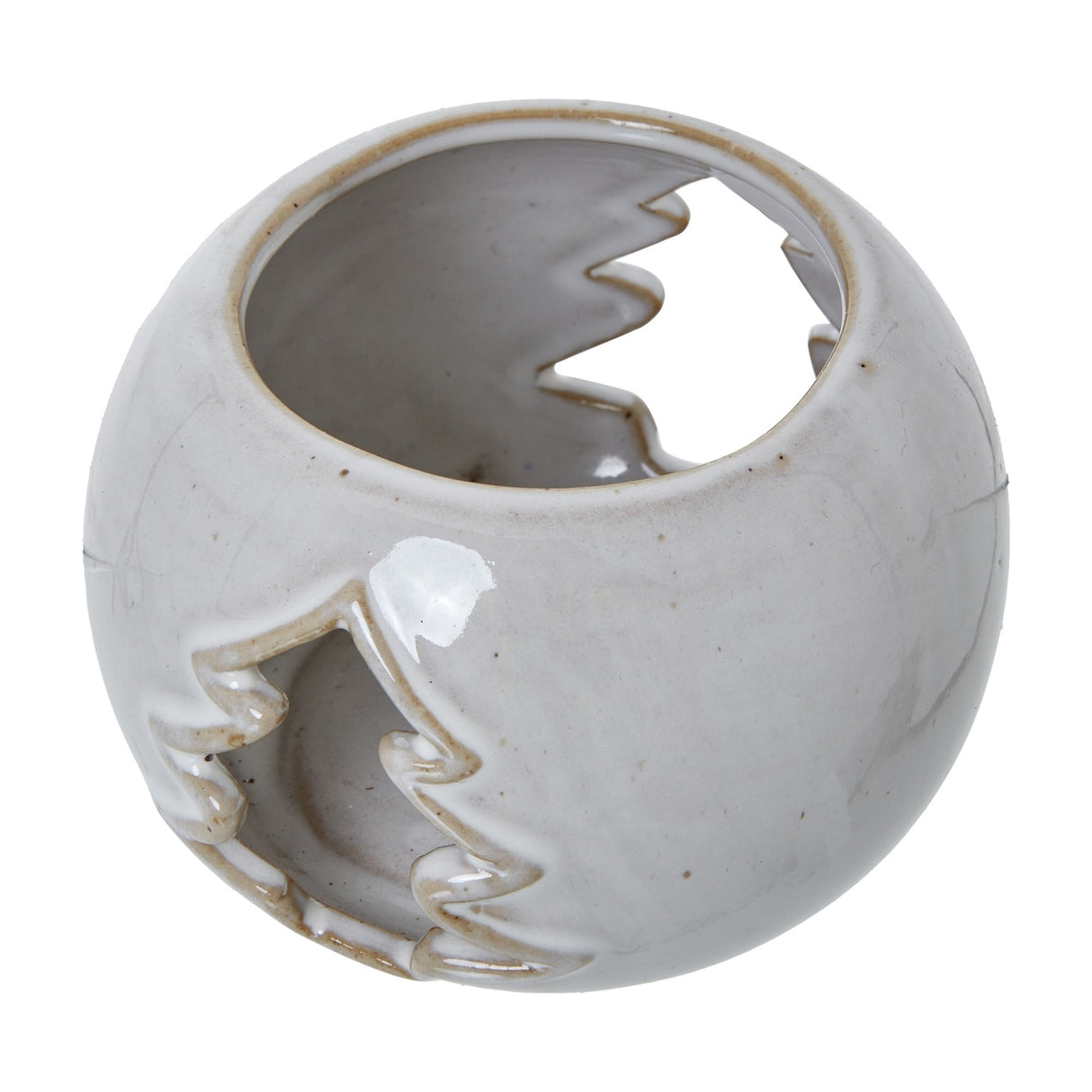 Hill Interiors white glazed ceramic tealight holder with a rounded form and tree cut-out design, shown on a plain white background.