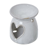 Hill Interiors white glazed ceramic tealight and wax melt holder with heart cut-out and upper dish, shown on a plain white background.