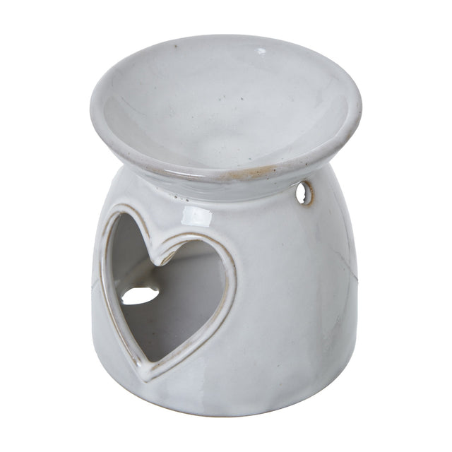 Hill Interiors white glazed ceramic tealight and wax melt holder with heart cut-out and upper dish, shown on a plain white background.
