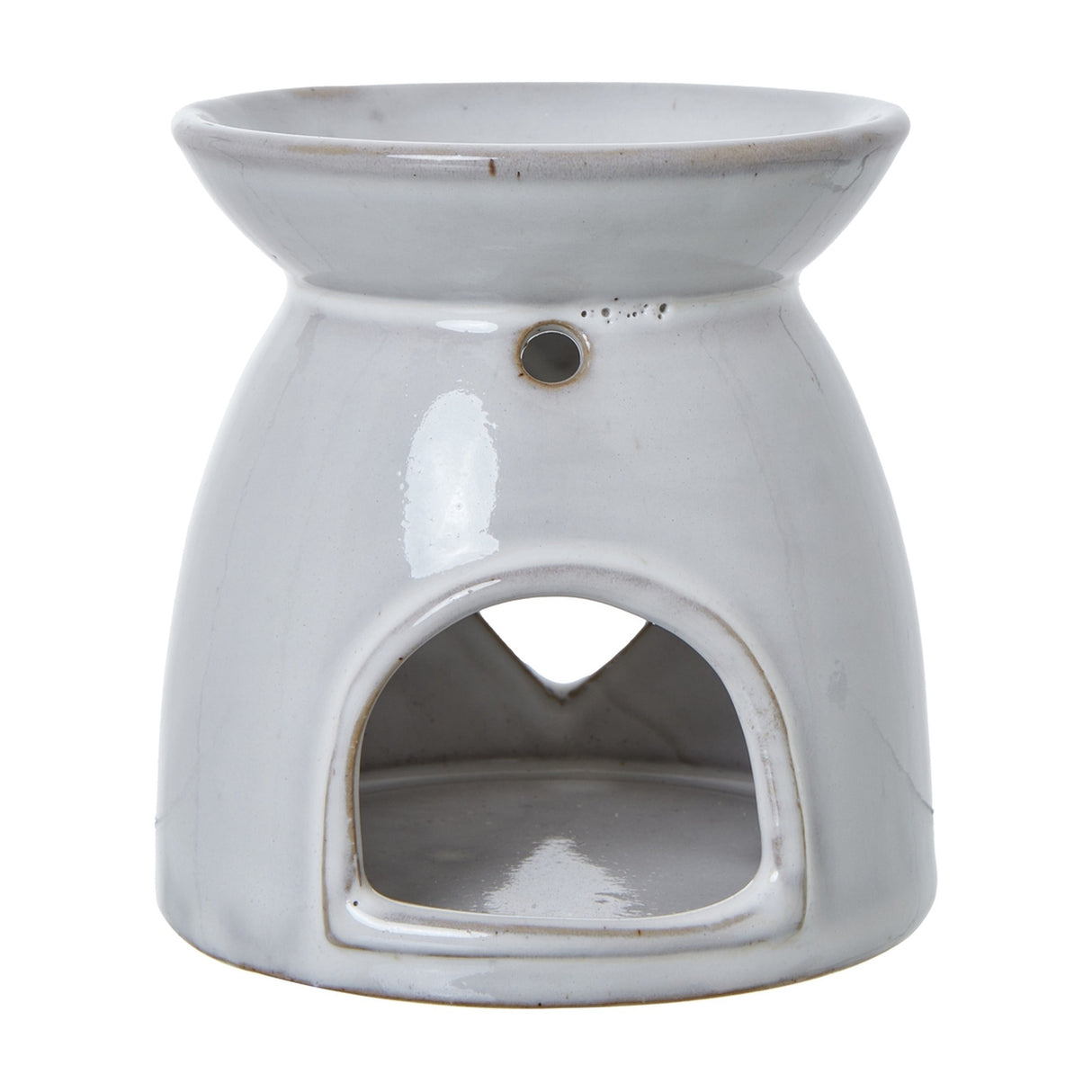 Hill Interiors white ceramic tealight and wax melt holder with heart cut-out and upper dish, shown on a plain white background.