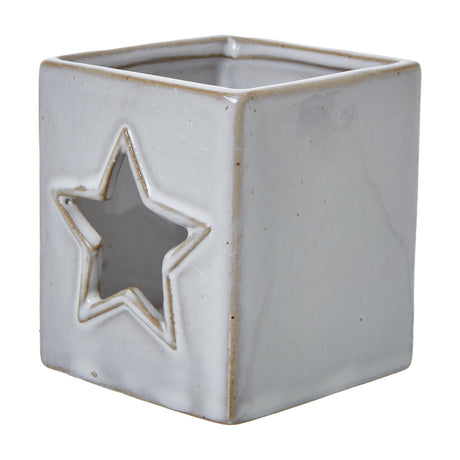 Hill Interiors White Ceramic Star Cut-Out Square Tealight Holder with glazed white finish and star-shaped opening, shown on a plain background.