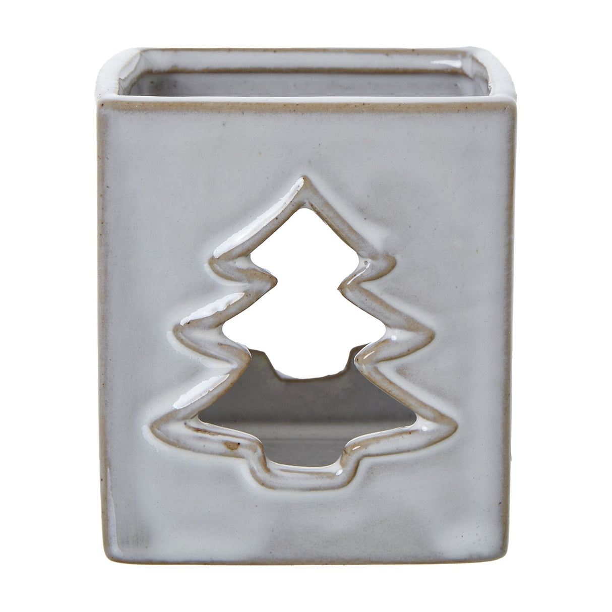 Hill Interiors White Ceramic Tree Cut-Out Square Tealight Holder with glazed white finish and pierced Christmas tree design, on a plain background.