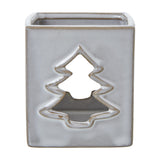 Hill Interiors White Ceramic Tree Cut-Out Square Tealight Holder with glazed white finish and pierced Christmas tree design, on a plain background.