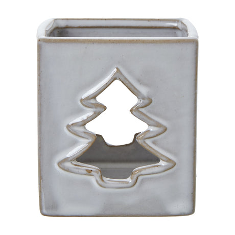 Hill Interiors White Ceramic Tree Cut-Out Square Tealight Holder with glazed white finish and pierced Christmas tree design, on a plain background.