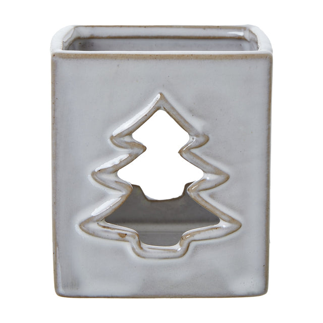 Hill Interiors White Ceramic Tree Cut-Out Square Tealight Holder with glazed white finish and pierced Christmas tree design, on a plain background.