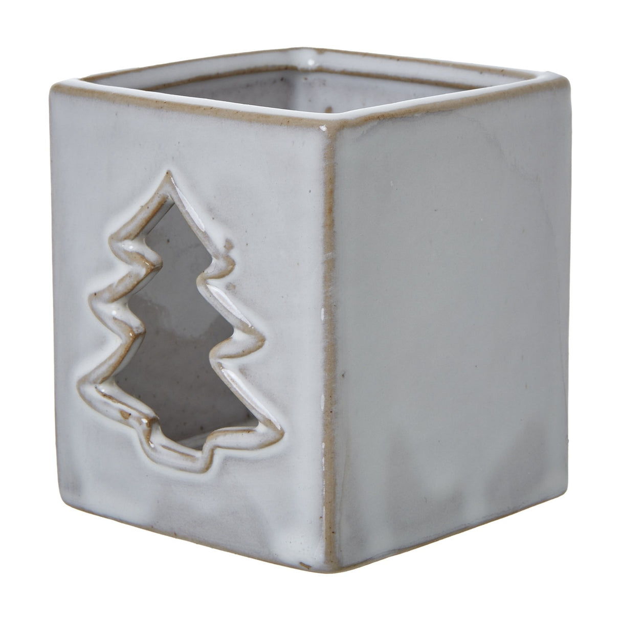 Hill Interiors white ceramic square tealight holder with a Christmas tree cut-out design on each side, shown on a plain white background.