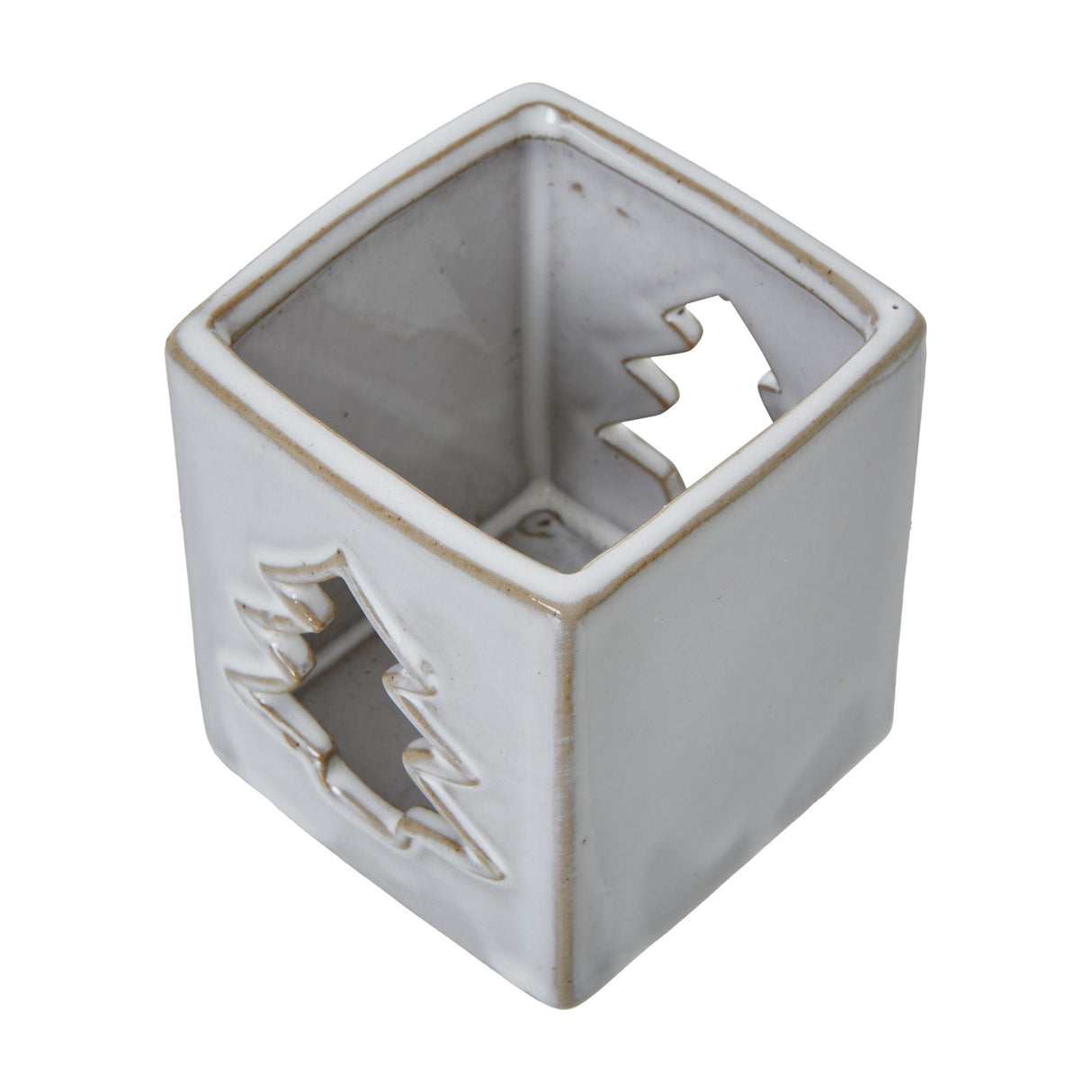 Hill Interiors white ceramic square tealight holder with pierced tree cut-outs on each side, shown from above on a plain white background.