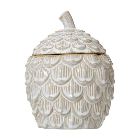 Hill Interiors large ceramic pine cone trinket dish in white glaze, moulded with overlapping scales and a lift-off lid with stem, on a white background.