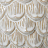 Close-up of the Hill Interiors Large Ceramic Pine Cone Trinket Dish showing glossy white glazed overlapping scales over a warm beige ceramic body.