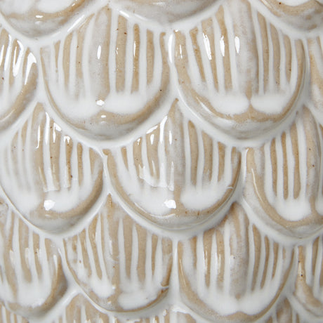 Close-up of the Hill Interiors Large Ceramic Pine Cone Trinket Dish showing glossy white glazed overlapping scales over a warm beige ceramic body.