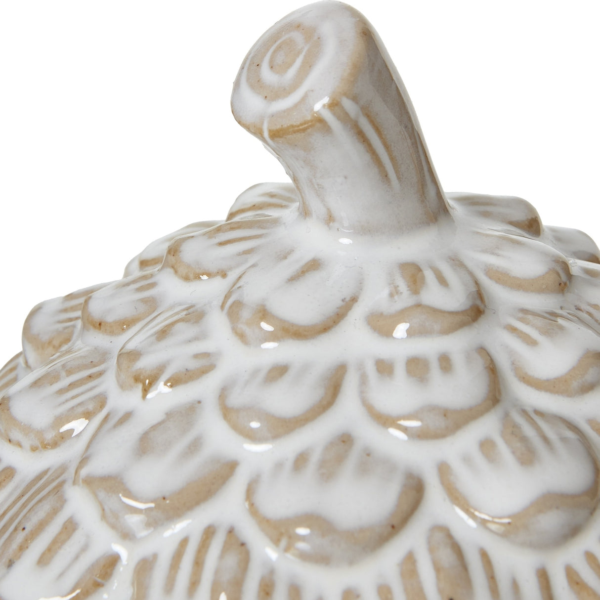 Close-up of the Hill Interiors Large Ceramic Pine Cone Trinket Dish in white, showing the moulded overlapping scales and stem-shaped lid handle.