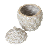 Hill Interiors large white ceramic pine cone trinket dish shown with its scaled lift-off lid removed and set beside the open pot on a plain background.
