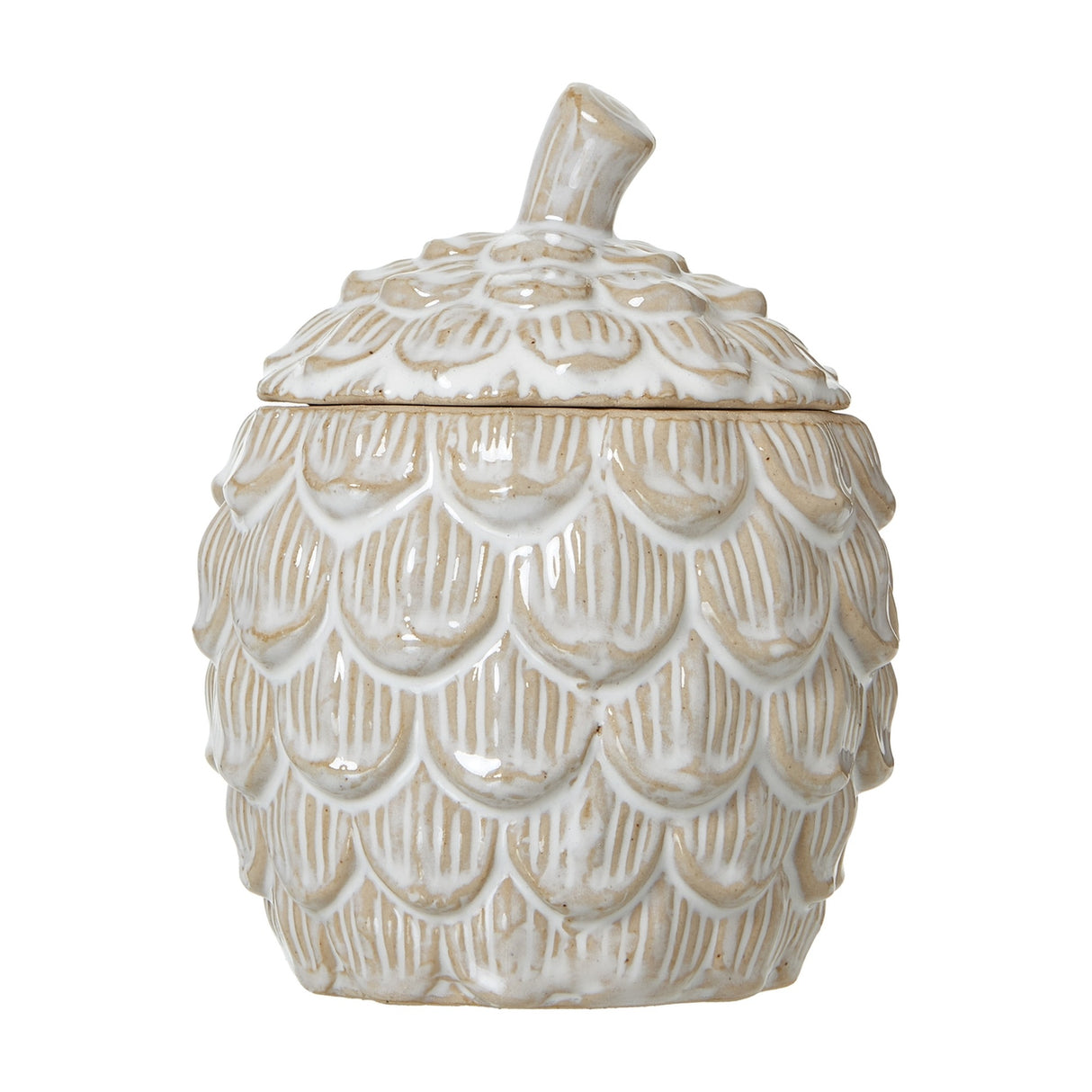 Hill Interiors medium ceramic pine cone trinket dish with lidded scaled body and stem finial in white glaze, shown on a plain white background.