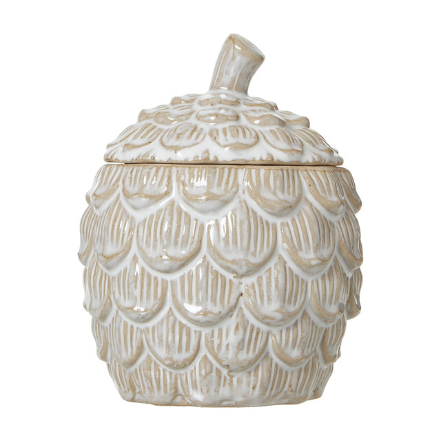 Hill Interiors medium ceramic pine cone trinket dish with lidded scaled body and stem finial in white glaze, shown on a plain white background.