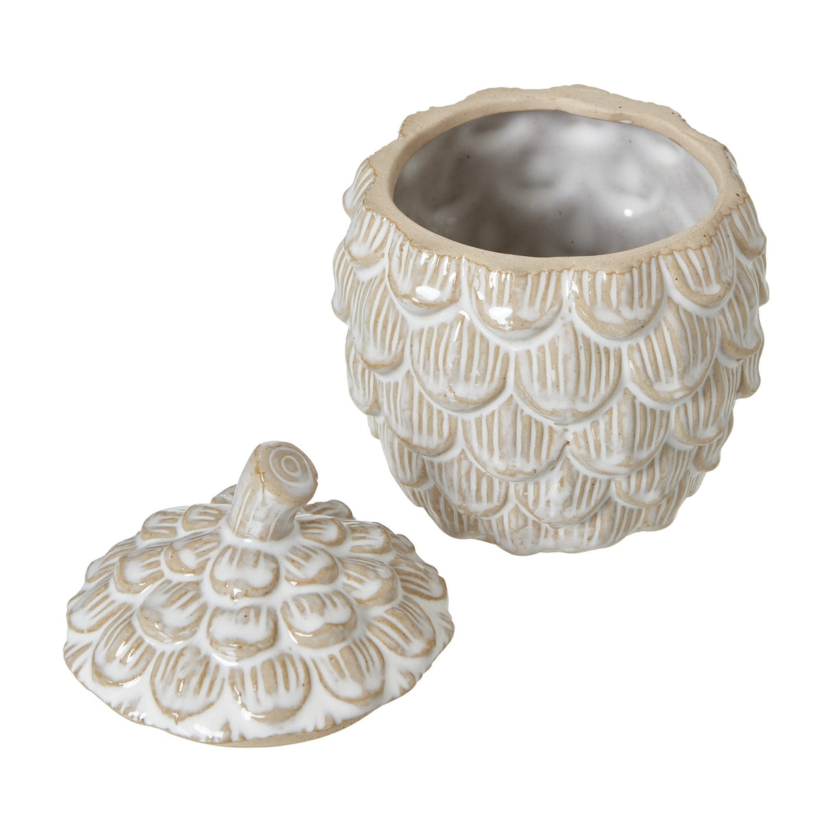 Hill Interiors medium ceramic pine cone trinket dish in white glaze with lid lifted off to show the scaled body and stem-topped cover on a white background.
