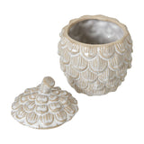 Hill Interiors medium ceramic pine cone trinket dish in white glaze with lid lifted off to show the scaled body and stem-topped cover on a white background.