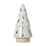 Hill Interiors Medium White Ceramic Cut-Out Tree with LED Light, a stylised Christmas tree with triangular cut-outs and natural base, on a white background.