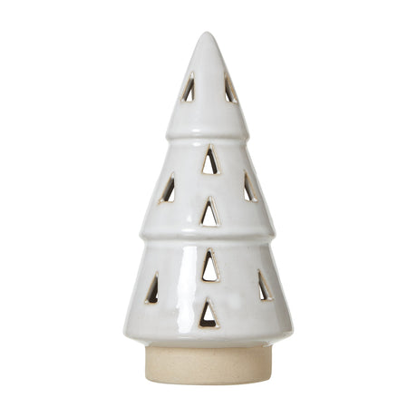 Hill Interiors Medium White Ceramic Cut-Out Tree with LED Light, a stylised Christmas tree with triangular cut-outs and natural base, on a white background.