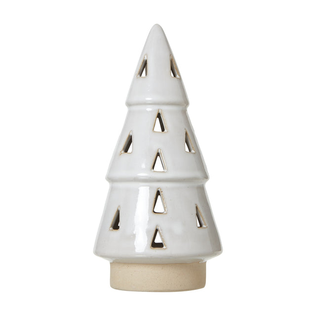 Hill Interiors Medium White Ceramic Cut-Out Tree with LED Light, a stylised Christmas tree with triangular cut-outs and natural base, on a white background.