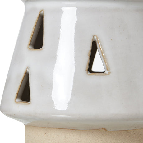 Close-up of Hill Interiors Medium White Ceramic Cut-Out Tree with LED Light, showing the glossy white glazed surface with triangular cut-outs.