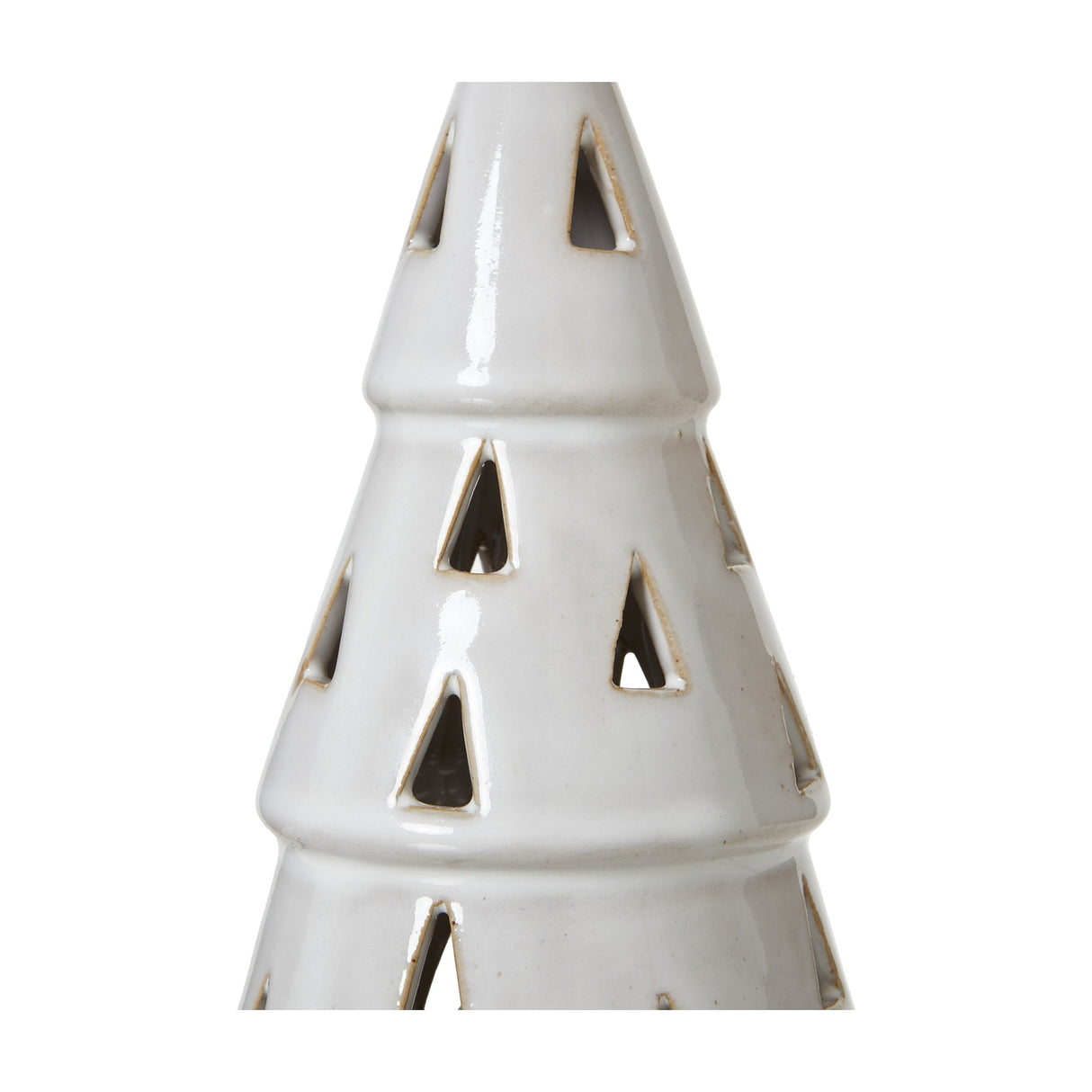 Close-up of the Hill Interiors Medium White Ceramic Cut-Out Tree with LED Light, showing tiered matte white ceramic with triangular perforations.