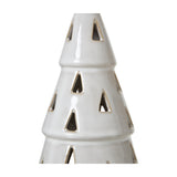 Close-up of the Hill Interiors Medium White Ceramic Cut-Out Tree with LED Light, showing tiered matte white ceramic with triangular perforations.