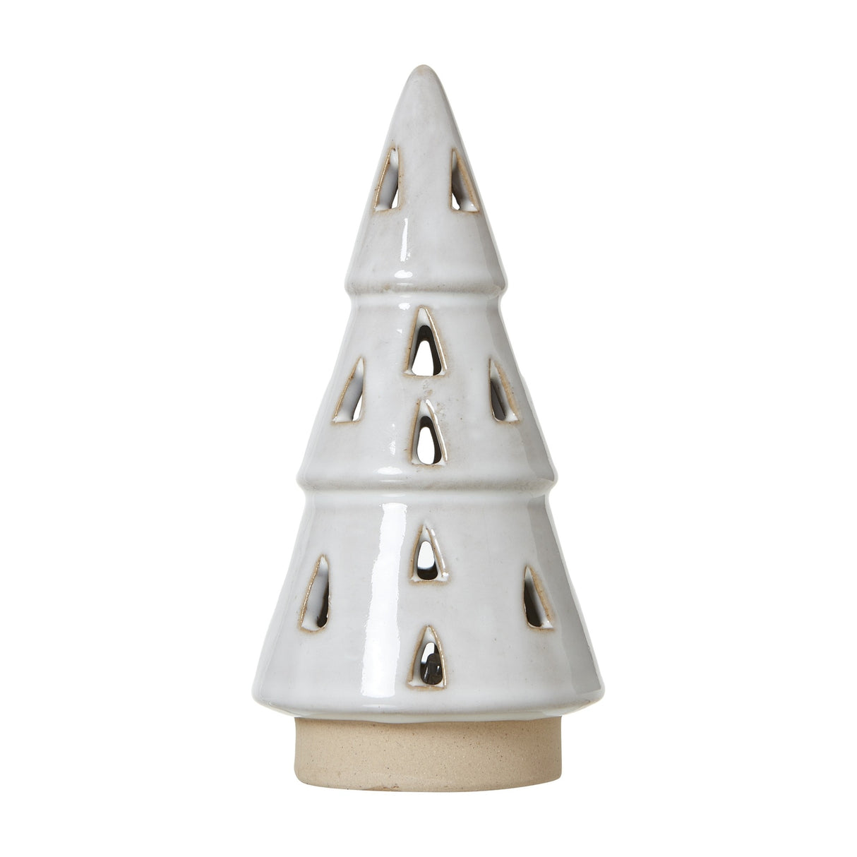 Hill Interiors small white ceramic Christmas tree with tiered fir shape, triangular cut-out openings, built-in LED and natural base, on a white background.