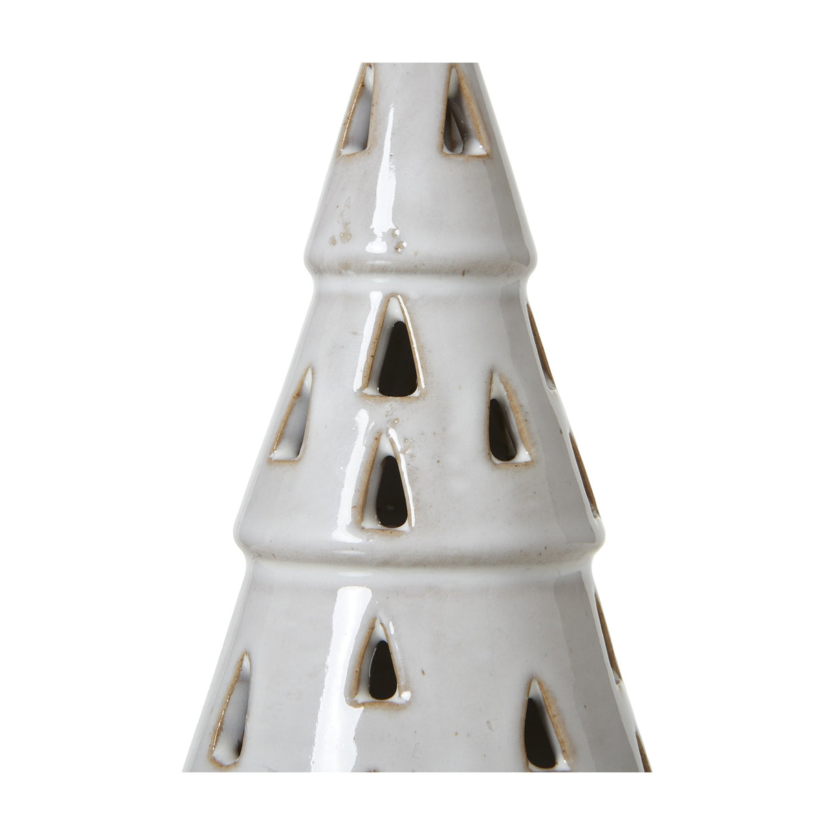 Close-up of Hill Interiors Small White Ceramic Cut-Out Tree with LED light, showing the glazed fir shape and teardrop cut-out openings.