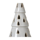 Close-up of Hill Interiors Small White Ceramic Cut-Out Tree with LED light, showing the glazed fir shape and teardrop cut-out openings.