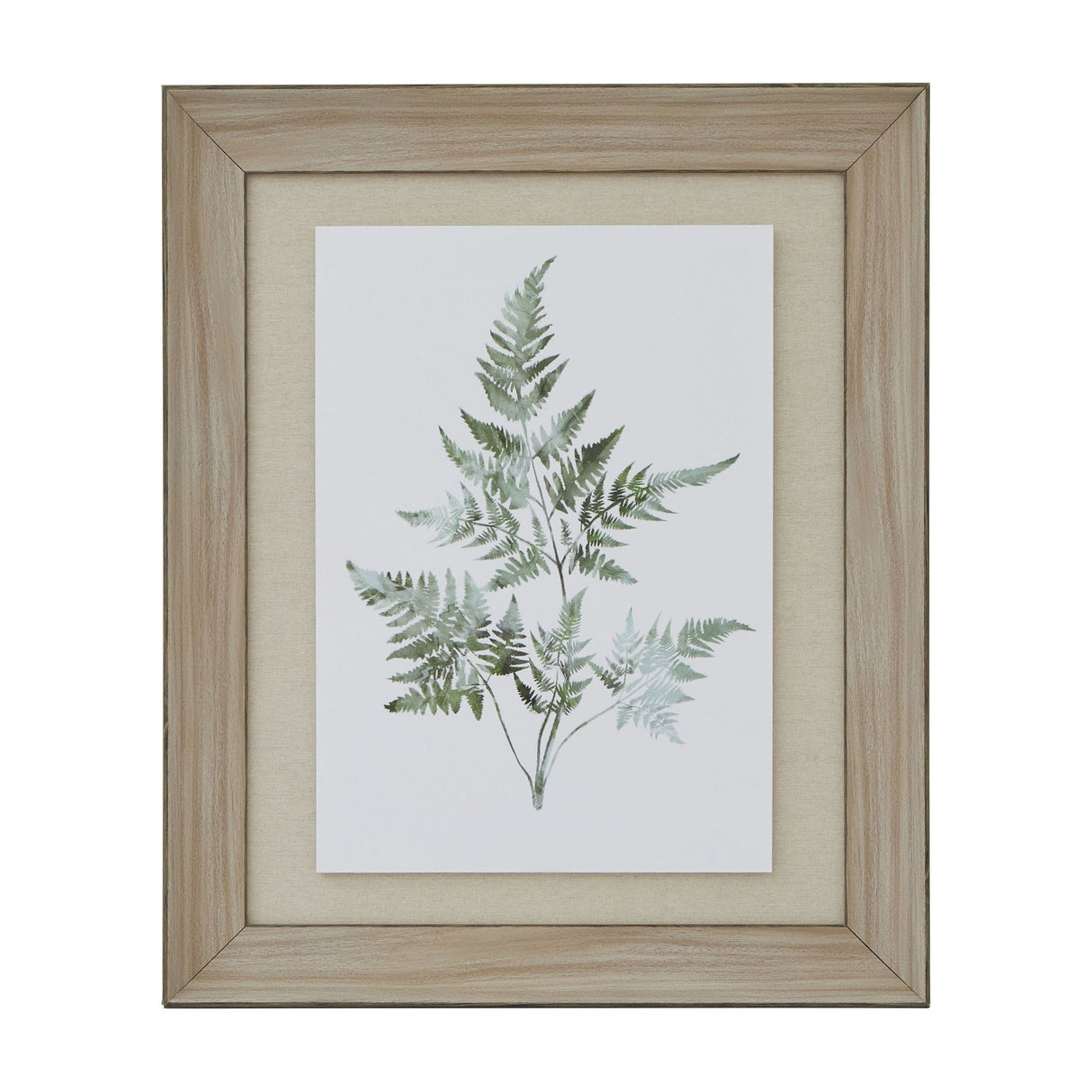 Hill Interiors Bracken Fern Print in a washed wood frame with linen mount, showing green painterly fern fronds in portrait orientation.