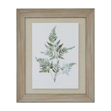 Hill Interiors Bracken Fern Print in a washed wood frame with linen mount, showing green painterly fern fronds in portrait orientation.