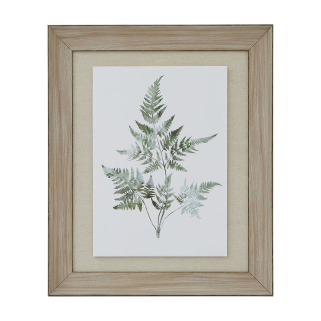 Hill Interiors Bracken Fern Print in a washed wood frame with linen mount, showing green painterly fern fronds in portrait orientation.