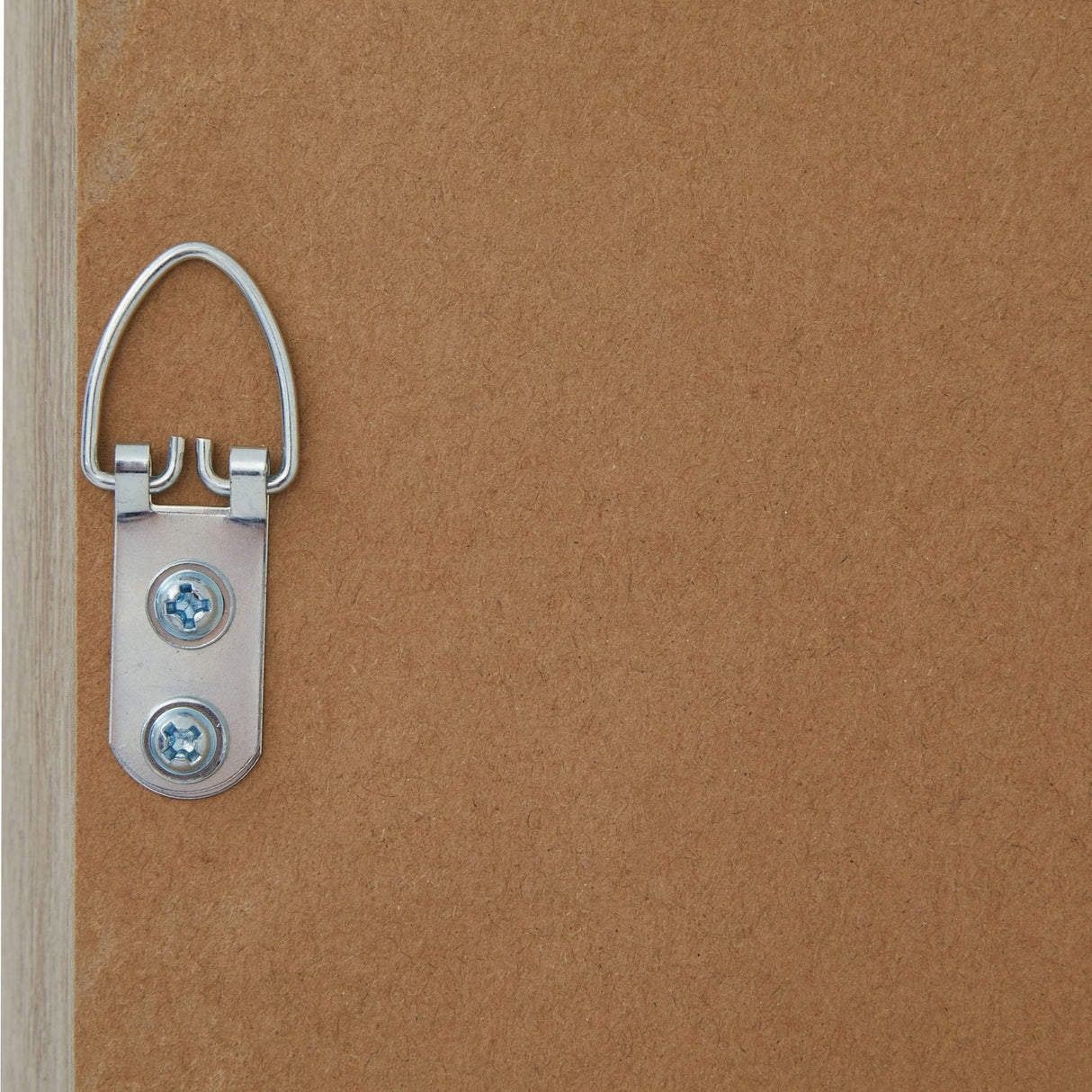 Close-up of the D-ring hanger and screws mounted on the kraft backing board of the Hill Interiors Bracken Fern Print washed wood frame.