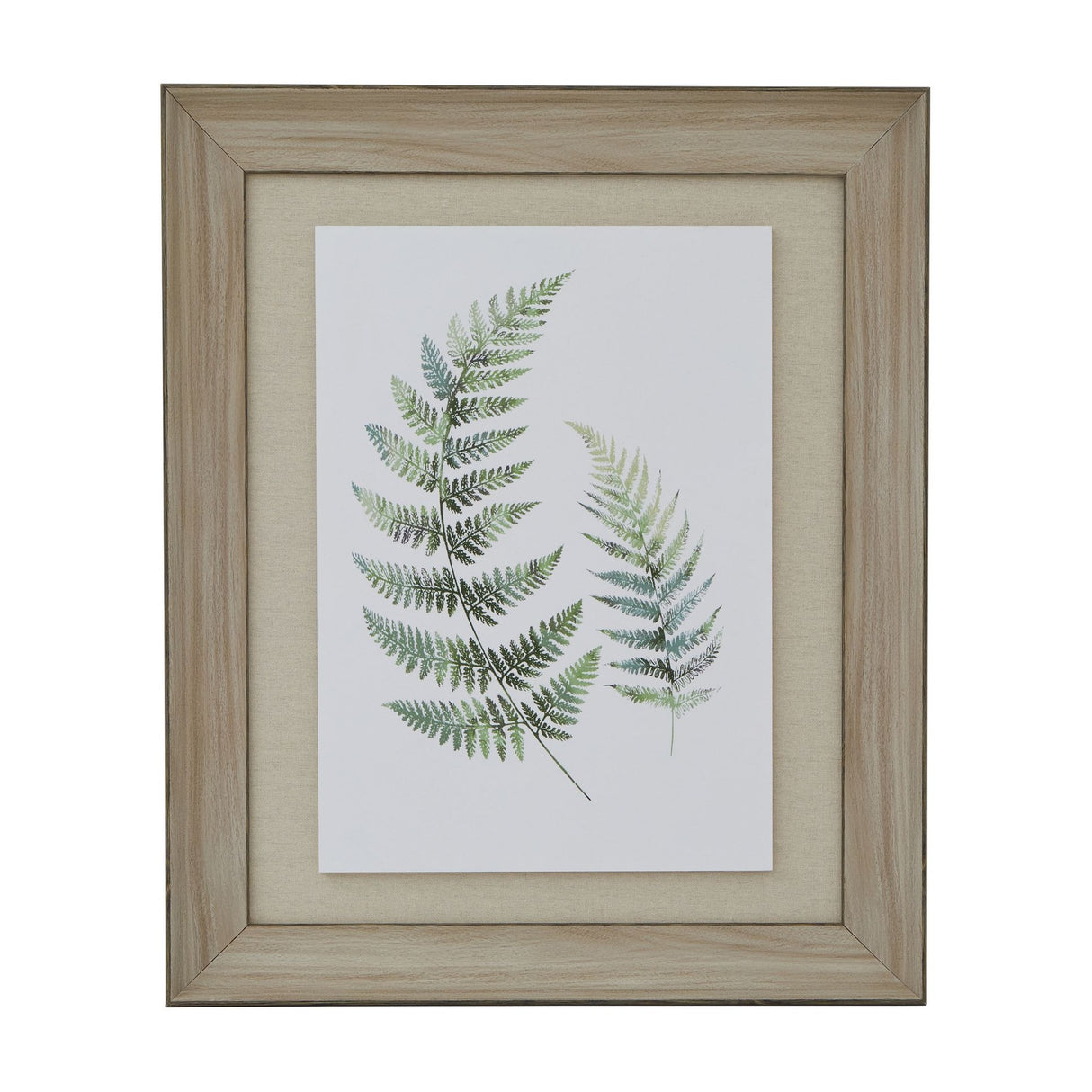 Hill Interiors Framed Fern Duo Print with two green botanical fronds on a light background, set within a washed brown wood frame and linen mount.