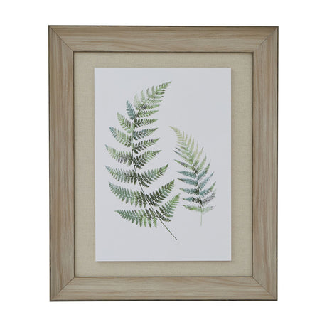 Hill Interiors Framed Fern Duo Print with two green botanical fronds on a light background, set within a washed brown wood frame and linen mount.
