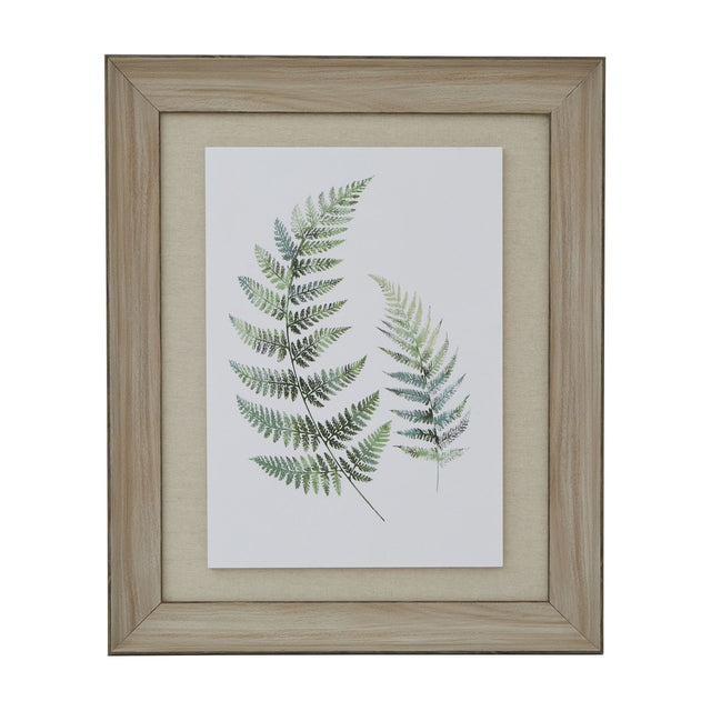 Hill Interiors Framed Fern Duo Print with two green botanical fronds on a light background, set within a washed brown wood frame and linen mount.