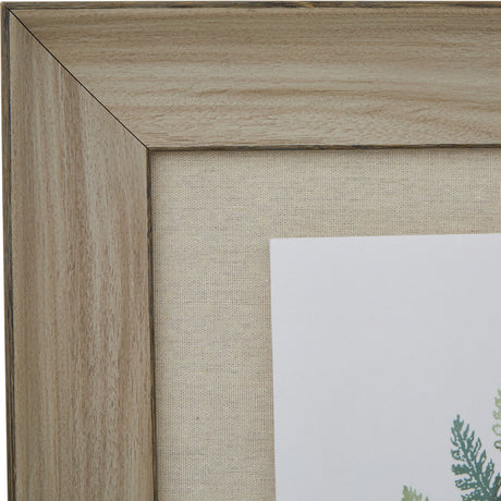 Corner detail of Hill Interiors Framed Fern Duo Print showing the washed brown grained wood frame and linen-textured mount around the botanical print.