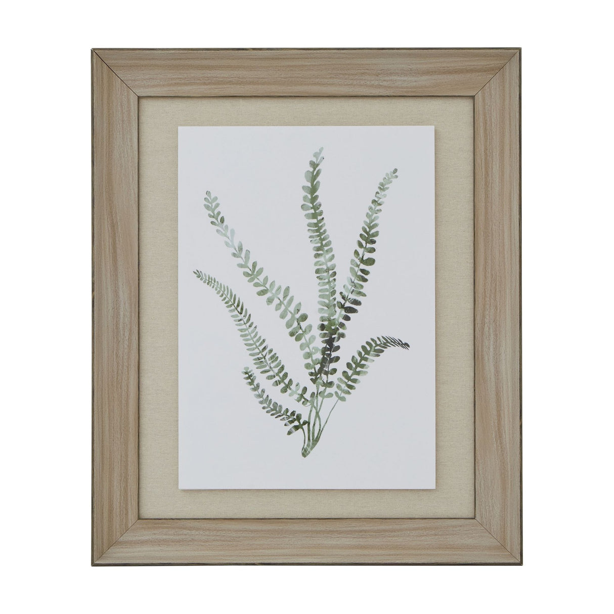 Hill Interiors Delicate Fern Print in portrait orientation, featuring green painterly fern fronds on white, set in a washed pale brown wood frame.