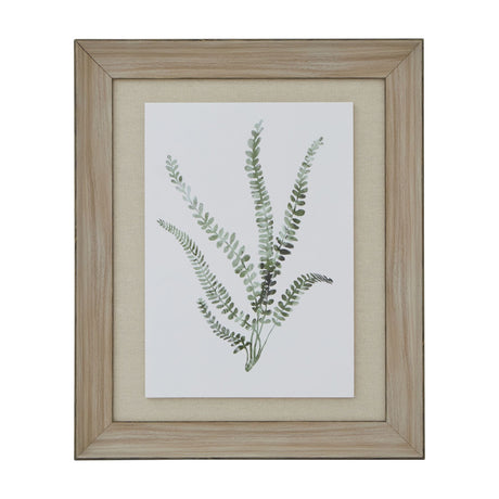 Hill Interiors Delicate Fern Print in portrait orientation, featuring green painterly fern fronds on white, set in a washed pale brown wood frame.