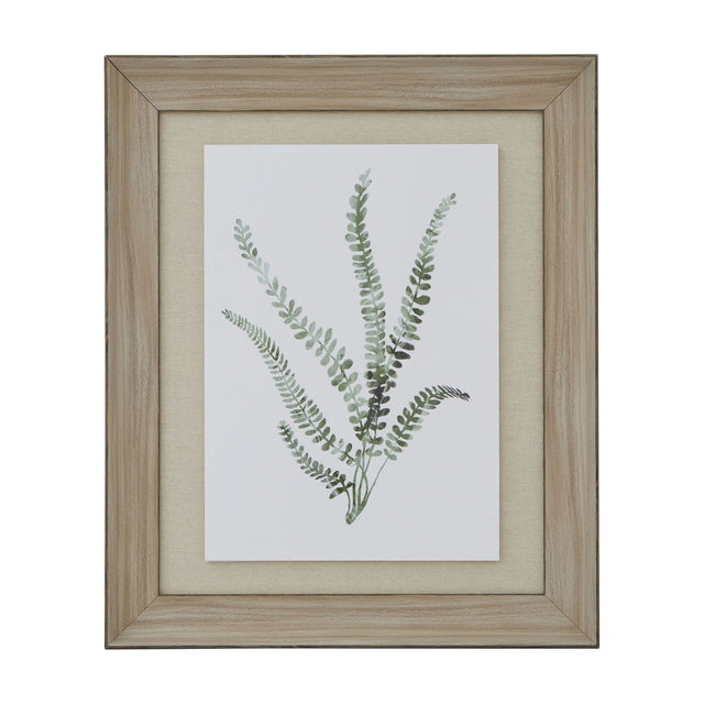 Hill Interiors Delicate Fern Print in portrait orientation, featuring green painterly fern fronds on white, set in a washed pale brown wood frame.