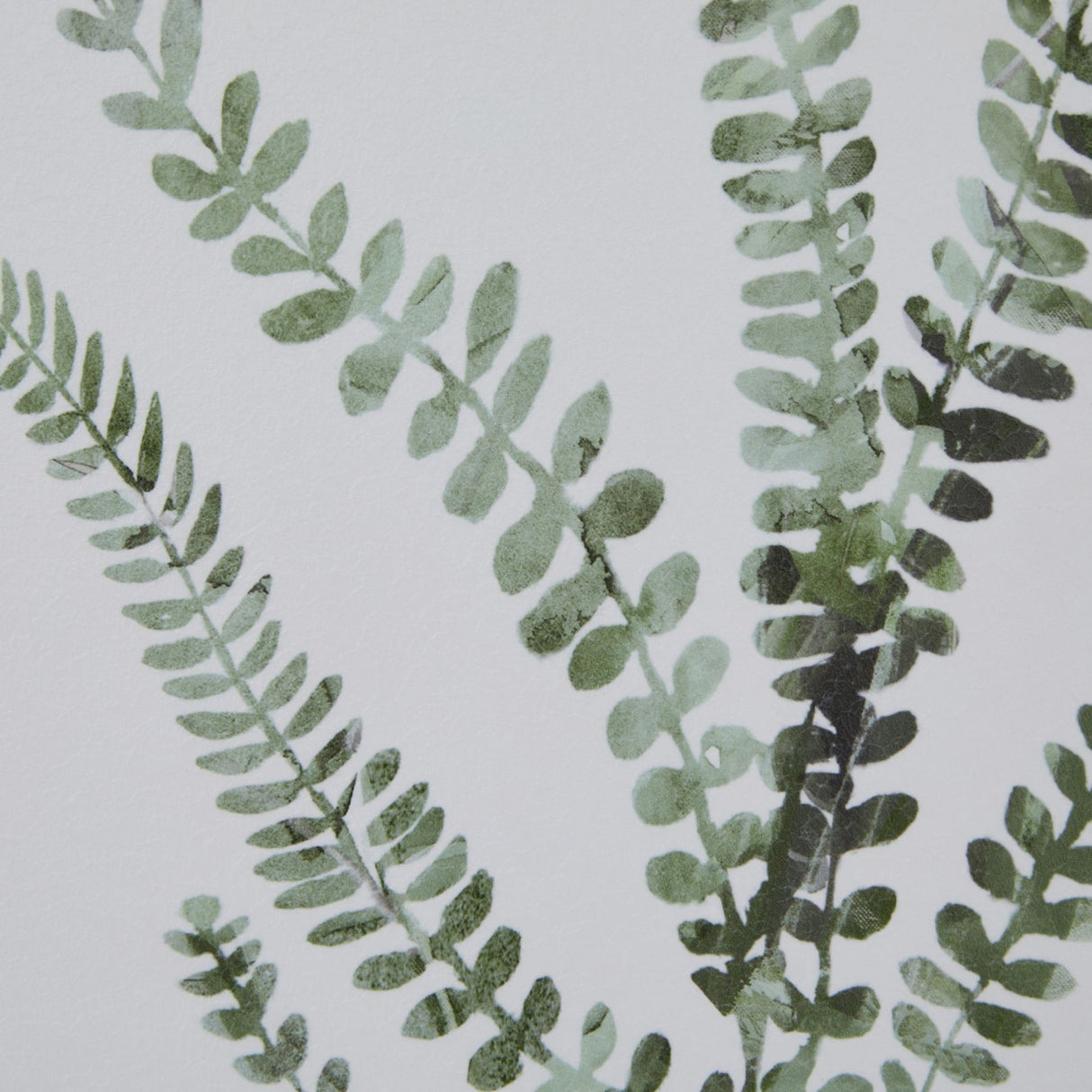 Close-up of Hill Interiors Delicate Fern Print showing soft green painterly fern fronds with feathered detailing on a pale neutral background.