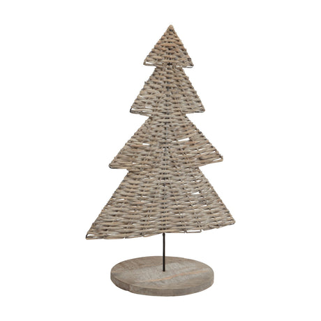 Hill Interiors large wicker Christmas tree ornament in warm brown, tiered triangular design on a round wooden base, shown against a plain white background.