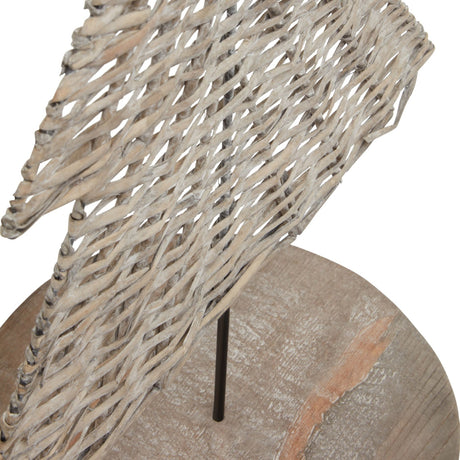 Close-up of Hill Interiors Large Wicker Tree Ornament in brown, showing the woven lattice texture and round wooden base with slim metal support rod.